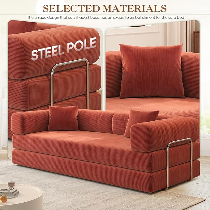 Antetek Convertible Futon Sofa Bed, 3-Seater Modern Corduroy Foam Floor King Size Bed Fold Out Sleeper Lounge Loveseat Sofa Couch with 2 Throw Pillows for Living Room Bedroom Guest Room, Tangerine