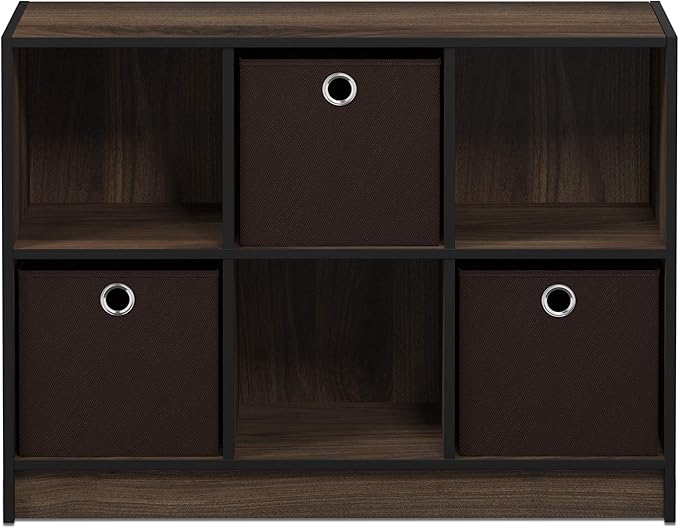 Furinno BASIC Book Shelf, 6-Cube Bookshelf, 3 x 2 Bookcase with Storage Bins, 11.9 x 31.6 x 23.6, for Living Room, Bedroom, Home Office, Columbia Walnut