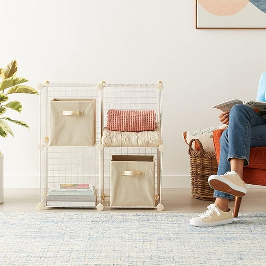 Amazon Basics 4 Cube Storage Organizer - Wire Grid Closet and Storage Shelves, Stackable, White 14"x14"x14"