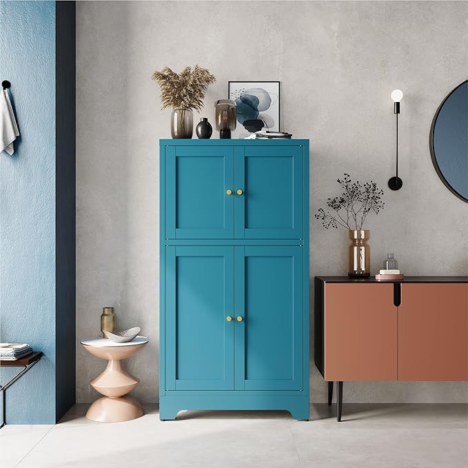 Blue Bathroom Storage Cabinet,Metal Bathroom Cabinet,Navy Blue Storage Cabinets,Bathroom Floor Cabinet with 2 Adjustable Shelves&4 Doors