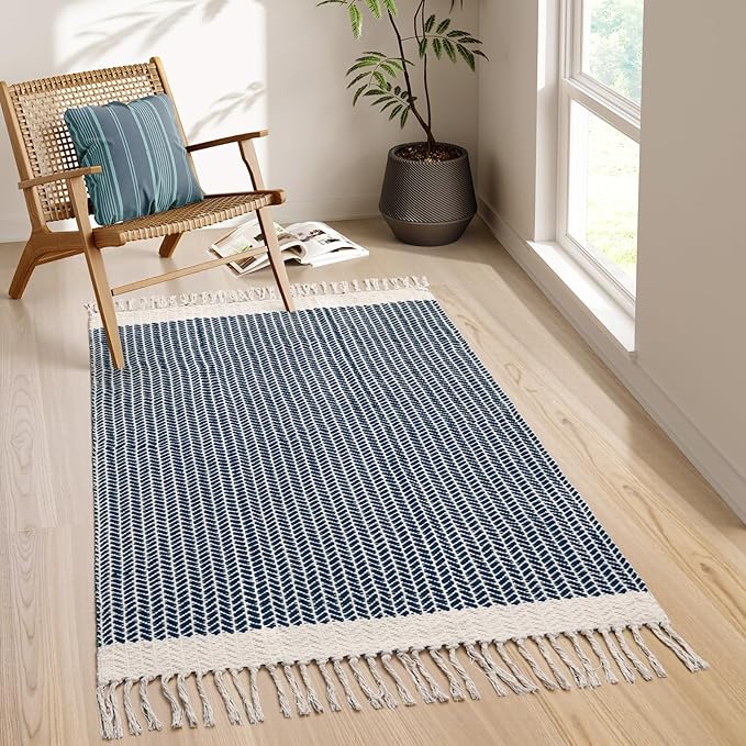 Lahome Boho Bedroom Rug, 3x5 Kitchen Rug Lightweight Rugs for Entryway Living Room Woven Washable Area Rug with Tassels, Farmhouse Navy Blue Throw Rugs Non Shedding Floor Carpet for Living Bedroom