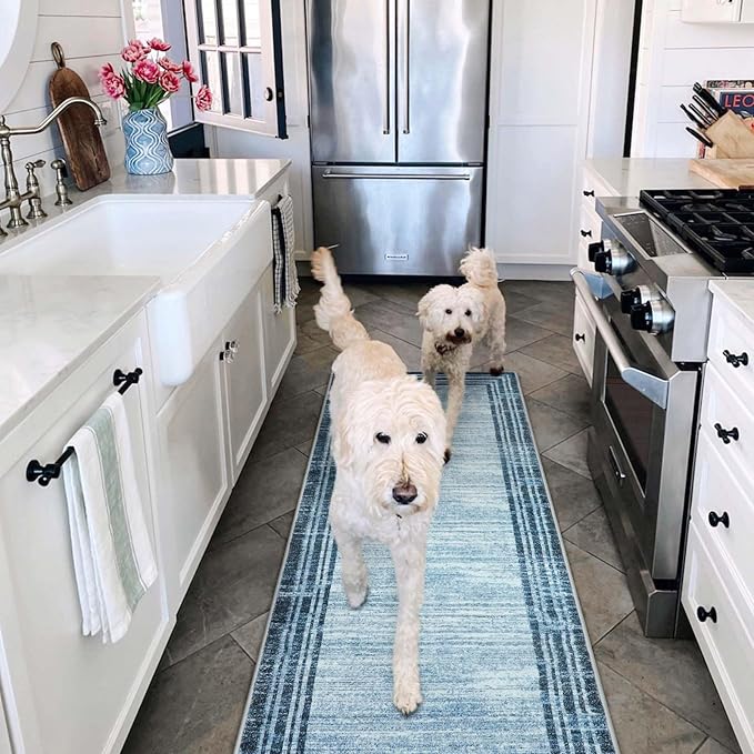Lahome Modern Abstract Runner Rug, Washable Blue 2x6 Runners for Hallways Non Slip Bathroom Rug Runners, Low-Pile Soft Kitchen Runner Rubber Backed Carpet Runner for Bedroom Entryway