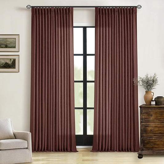 Brown Red Linen Pinch Pleated Curtains 102 Inches Long for Living Room Pleated Drapes Hooks Back Tab Thick Linen Textured Boho Farmhouse Country Terracotta Maroon 102 Inch Curtain for Dining Bedroom
