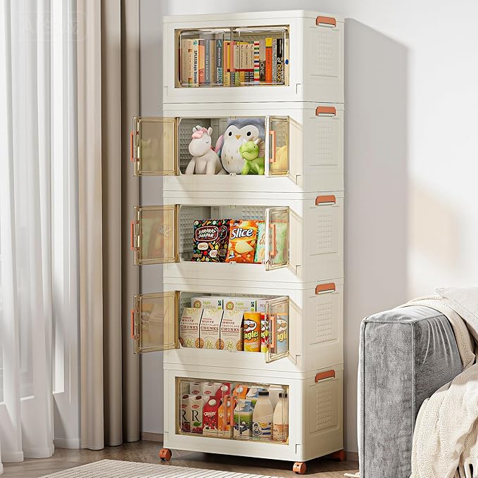 VECELO 300 QT Stackable Storage Bins with Wheels, Magnetic Dual Opening Doors & Transparent Panels, Plastic Foldable Storage Containers for Living Room, Bedroom, Kitchen, Office