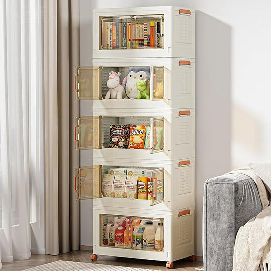 VECELO 300 QT Stackable Storage Bins with Wheels, Magnetic Dual Opening Doors & Transparent Panels, Plastic Foldable Storage Containers for Living Room, Bedroom, Kitchen, Office