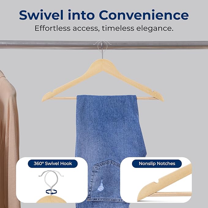 SereneLife 20 Pack Wooden Coat Hangers – Durable Suit Hangers with 360° Swivel Hook & Notches – Slim Design for Shirts, Jackets, Dresses, and More