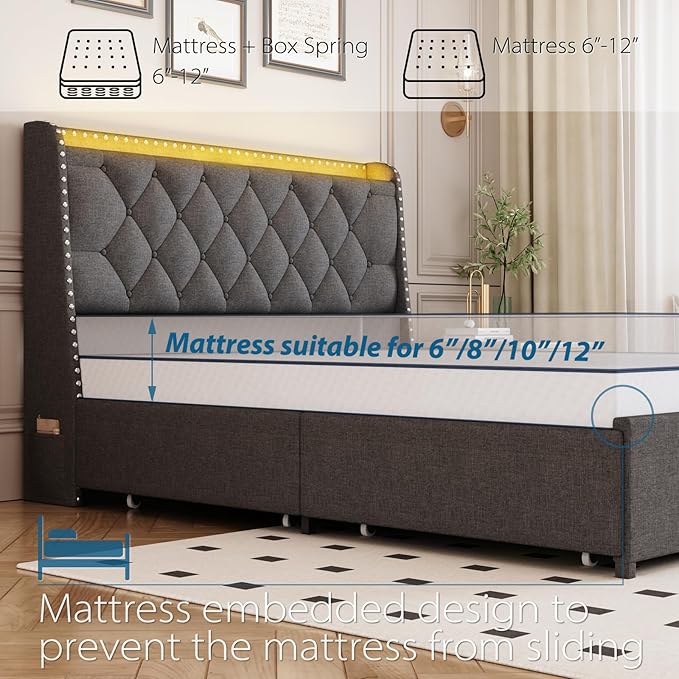 Queen Size Bed Frame with 4 Drawers and Storage Headboard, Upholstered Wingback Bed Frame with LED Lights and Charging Station, No Box Spring Needed, Easy Assembly, Noise Free, Grey