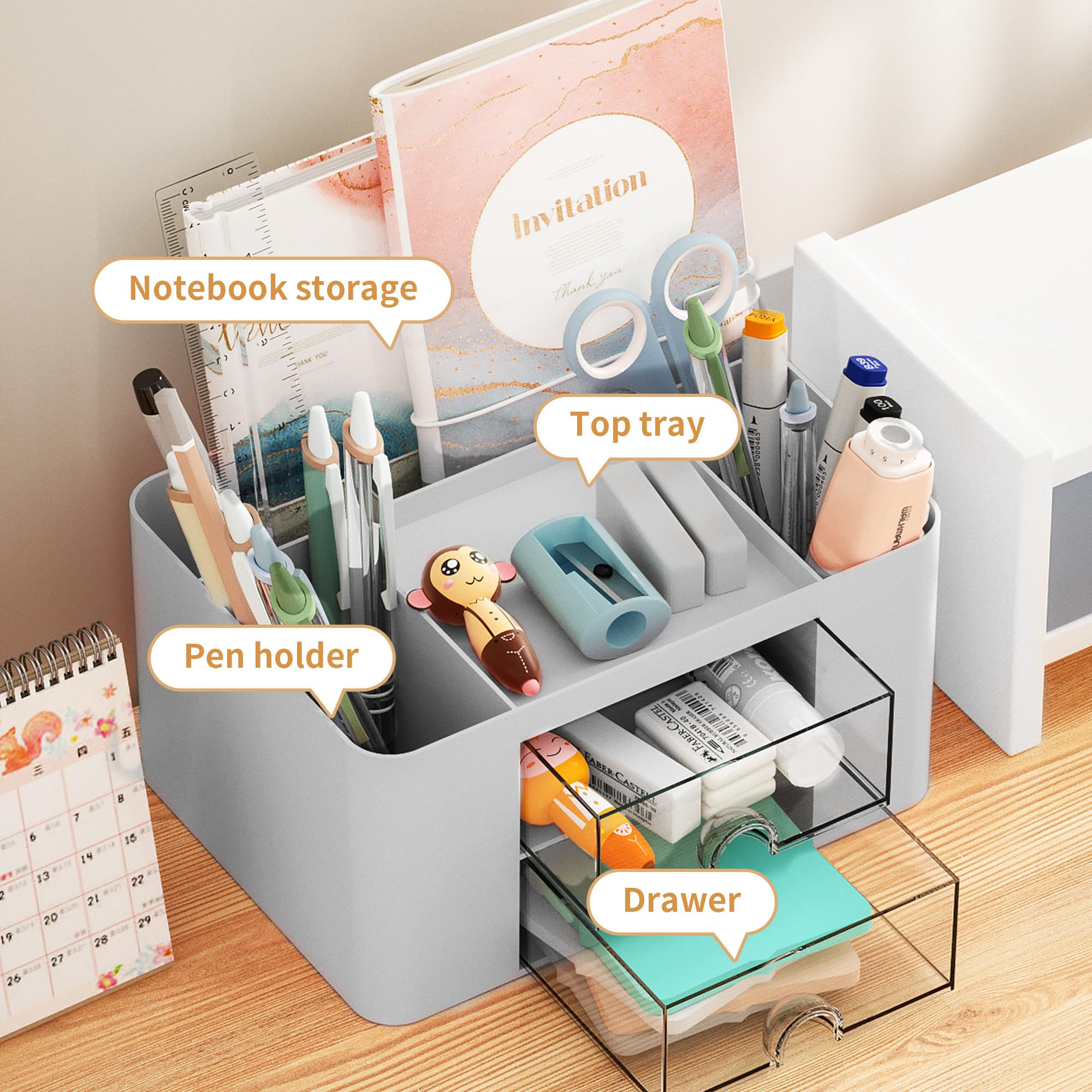Marbrasse Pen Organizer with 2 Drawer, Multi-Functional Pencil Holder for Desk, Desk Organizers and Accessories with 5 Compartments + Drawer for Office Art Supplies (Blue) Dormly
