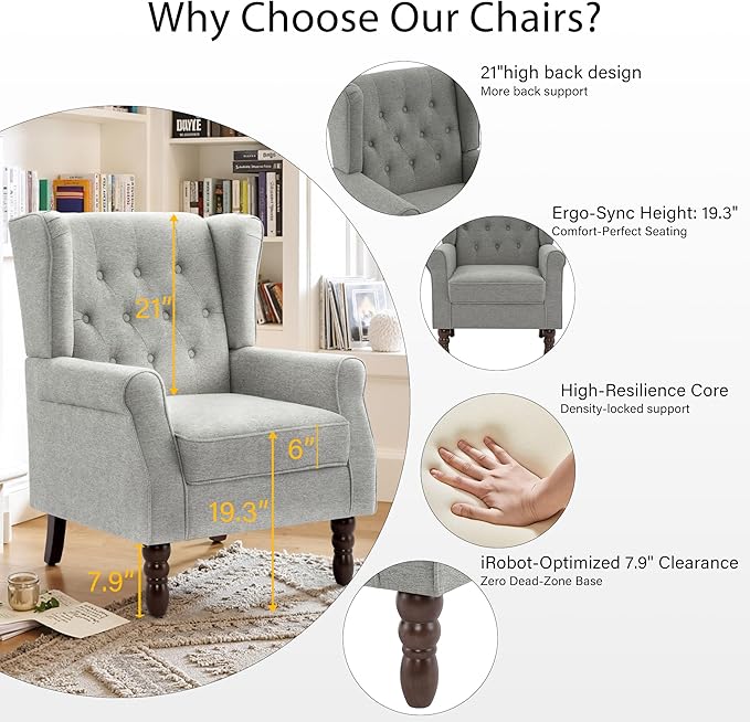 Lumibee High Back Accent Chair Set of 2,Upholstered Wingback Armchair with Solid Wood Legs for Small Spaces,Comfy Single Sofa Chair for Living Room,Bedroom,Office-Light Gray