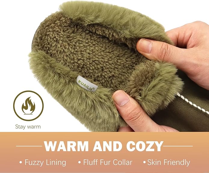 KuaiLu Womens Fluff Dual Memory Foam Slippers Ladies Cozy Arch Support Warm Scuff Slippers Slip on Comfy Winter House Shoes with Non-Slip Indoor Outdoor Hard Sole