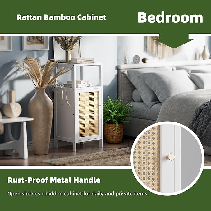 Bamboo Floor Rattan Cabinet, Narrow Bathroom Storage Organizer Rack, Space Saving Wood Kitchen Cupboard, Hallway Side Table, Living Room Stand with Single Door and 1 Shelf (White)