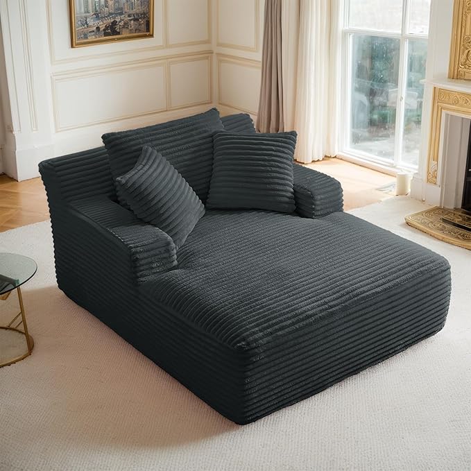 Oversized Chaise Lounge Chair Indoor Corduroy Sofa Bed with Throw Pillows Recliner Chair Comfy Large Deep Seat Sofa Couch for Living Room, Bedroom, Apartment (Dark Grey)