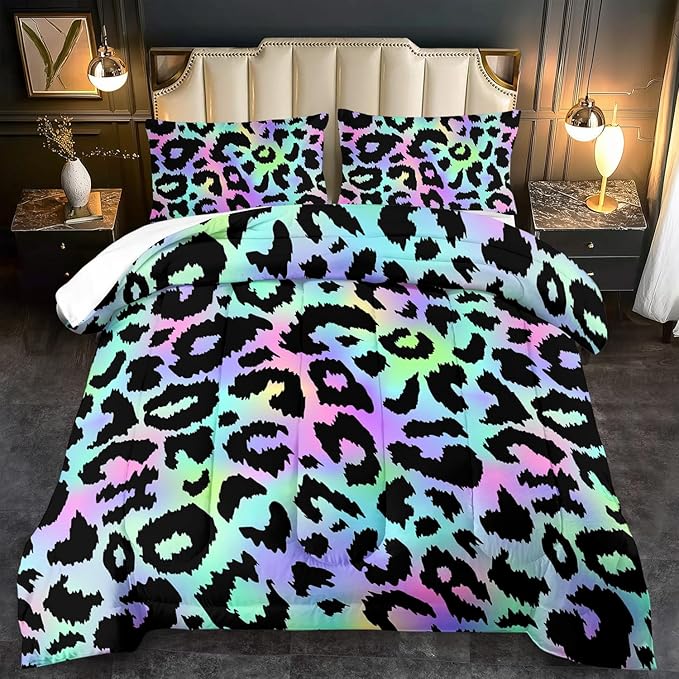 Rainbow Leopard Print Comforter Set Queen Girls Colorful Cheetah Comforter Queen Animal Leopard Print Bedding Set Women Purple Cheetah Bedding Quilt Bedroom Decor