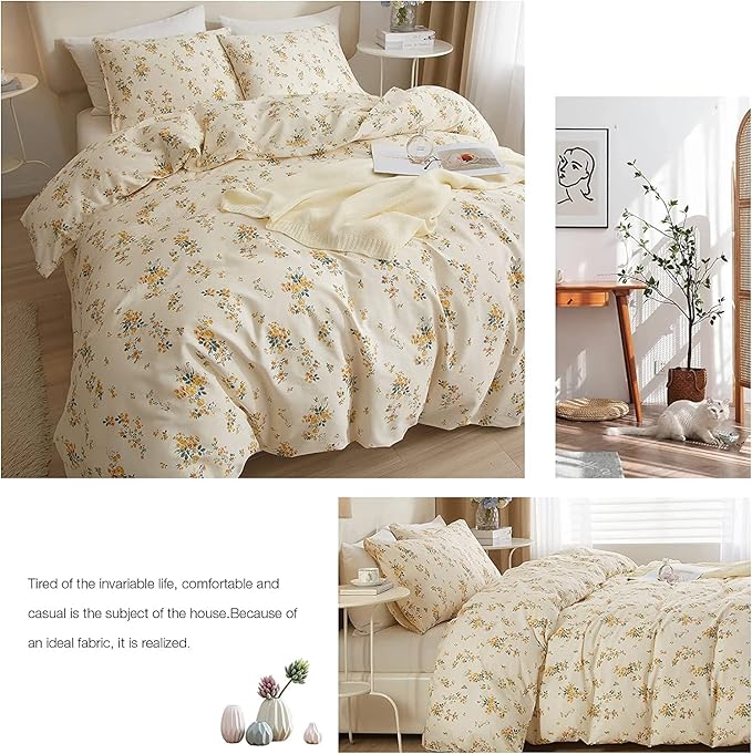 HighBuy 3 Pieces Duvet Cover Full Size White Duvet Cover with Green Floral Print,Soft Cotton Comforter Cover Boho Style,Aesthetic Full Bedding Set with Zipper Closure 4 Ties,All Season