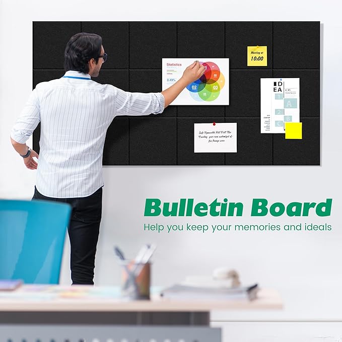 Large Cork Board Alternative - 11.8"x11.8"x0.35" 12 Pack Felt Wall Tiles Self-Adhesive Safe Removable Large Corkboard Bulletin Board Felt Cork Board for Walls Cork Board for Office 48 x 36-Black