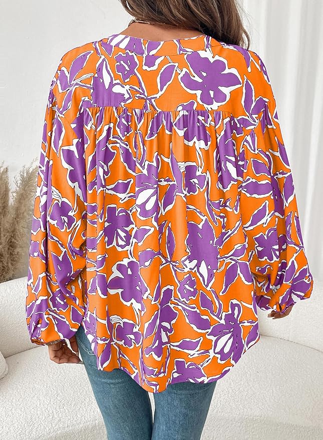 Astylish Womens 2026 Boho Floral Loose Spring Summer Tops Lantern Sleeve Flowy Blouses V Neck Button Down Shirts