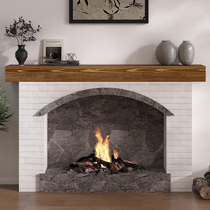 Fireplace Mantel 60inch, Solid Wood Mantel Shelf Handcrafted Rustic, Handcrafted Wood Fireplace Mantels Floating Mantle Shelves Decor for Wall, Bedroom, TV, Books, Livingroom 60 X 8 X 5 - Brown