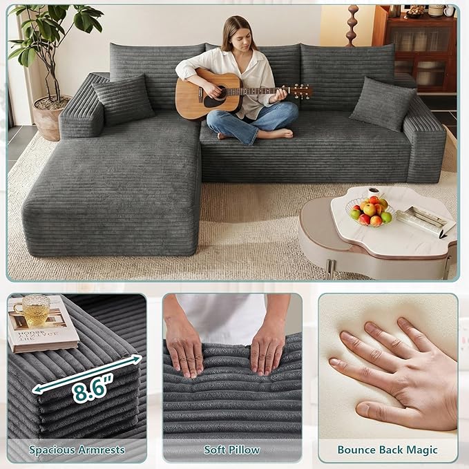 95" Modular Sectional Couch, Boneless L Shaped Cloud Sofa with Chaise Lounge, Corduroy Upholstered Couches Memory Foam Deep Seat, No Assembly Required, Ideal for Living Room(Dark Gray, Left Facing)