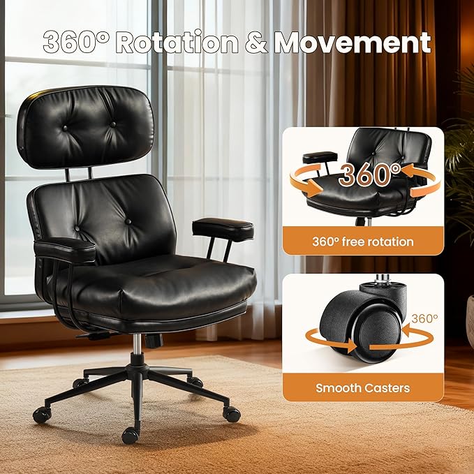 Mid-Century Modern Office Chair, Home Office Desk Chair with Adjustable Lumbar Support, Thickened Cushion Executive Desk Chair with 360 Rolling Swivel for Meeting Game Study Room(Black)