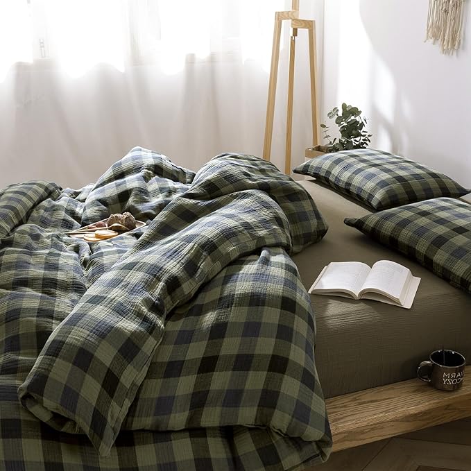 VM VOUGEMARKET Cotton Muslin Duvet Cover Queen Amy Green Plaid Bedding Set Soft Breathable Linen Like Gauze Comforter Cover with Zipper Closure for Teen Men,90"x90"