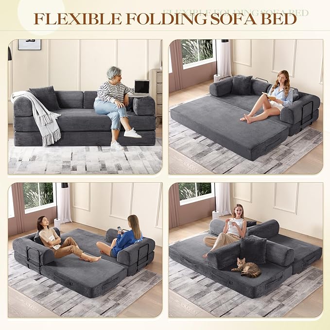 Antetek Convertible Futon Sofa Bed, 3-Seater Modern Corduroy Foam Floor King Size Bed Fold Out Sleeper Lounge Loveseat Sofa Couch with 2 Throw Pillows for Living Room Bedroom Guest Room, Light Grey
