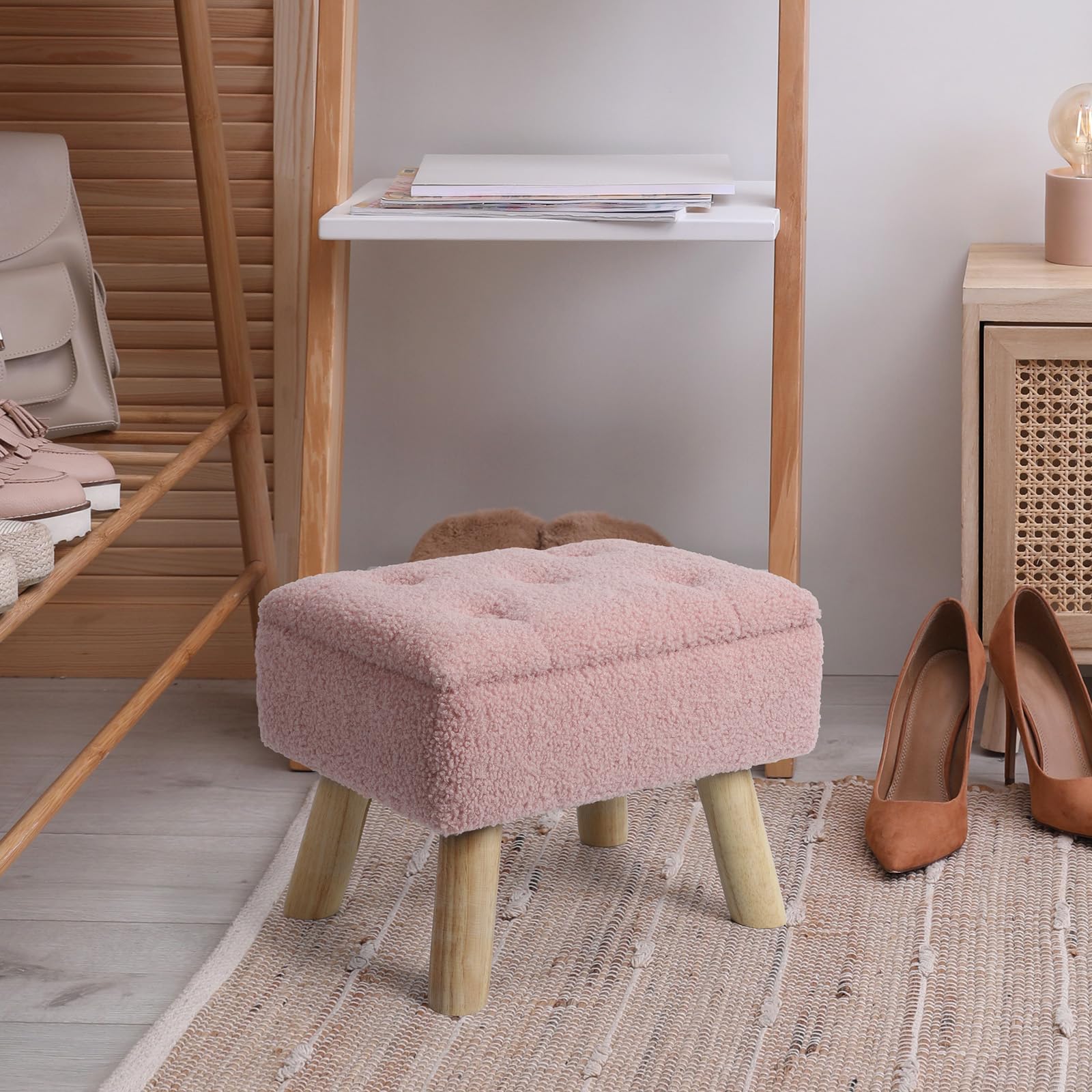 OGEMXU Storage Ottoman, Small Foot Stool Ottoman with Storage, Boucle Teddy Velvet Foot Rest with Padded Seat, Sturdy Wood Legs Stool for Living Room, Bedroom, Couch, Enterway (Cream) Dormly