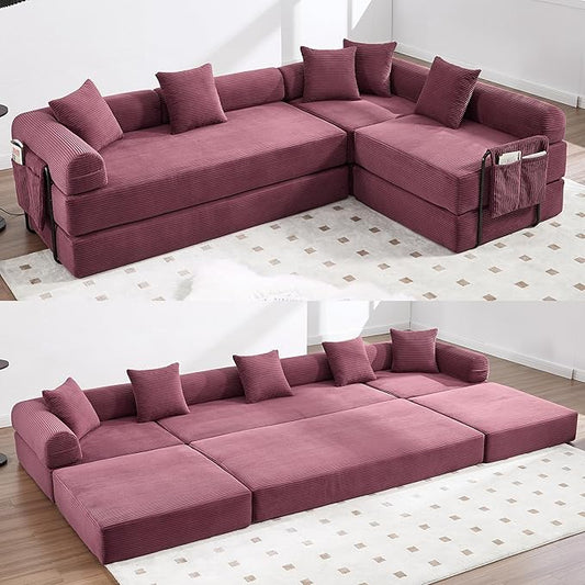 106" Oversized Convertible Sleeper Sofa Bed, Corduroy L Shape Sectional Couch, Folding Sofa Bed with Side Pocket, Modern Cloud Floor Mattress Couch, Modular Sofa for Living Room, Wine Red