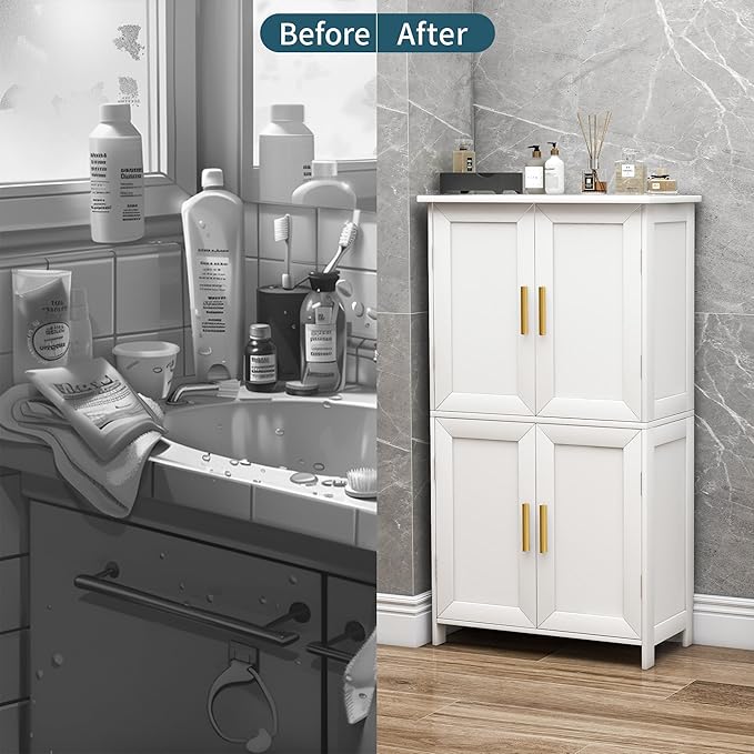 Bathroom Storage Floor Cabinet Freestanding Organizer with Adjustable Shelves for Bathroom Laundry Room,4 Doors