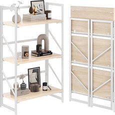JSB No Assembly Folding Bookshelf, 3 Tier Industrial Metal Book Shelf for Storage, Vintage Wood Foldable Bookcase for Living Room, Bedroom, Office Organization Shelves