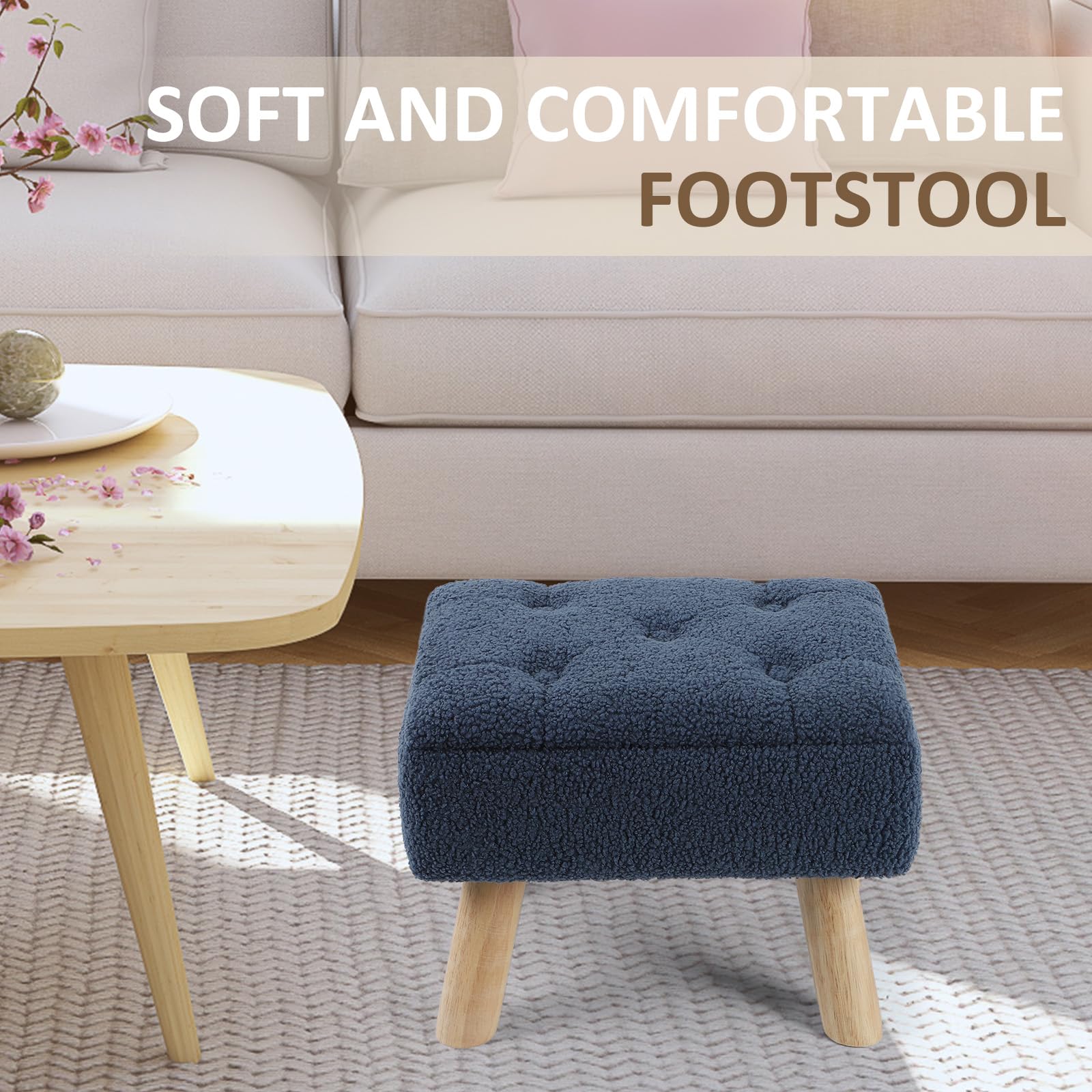OGEMXU Storage Ottoman, Small Foot Stool Ottoman with Storage, Boucle Teddy Velvet Foot Rest with Padded Seat, Sturdy Wood Legs Stool for Living Room, Bedroom, Couch, Enterway (Cream) Dormly