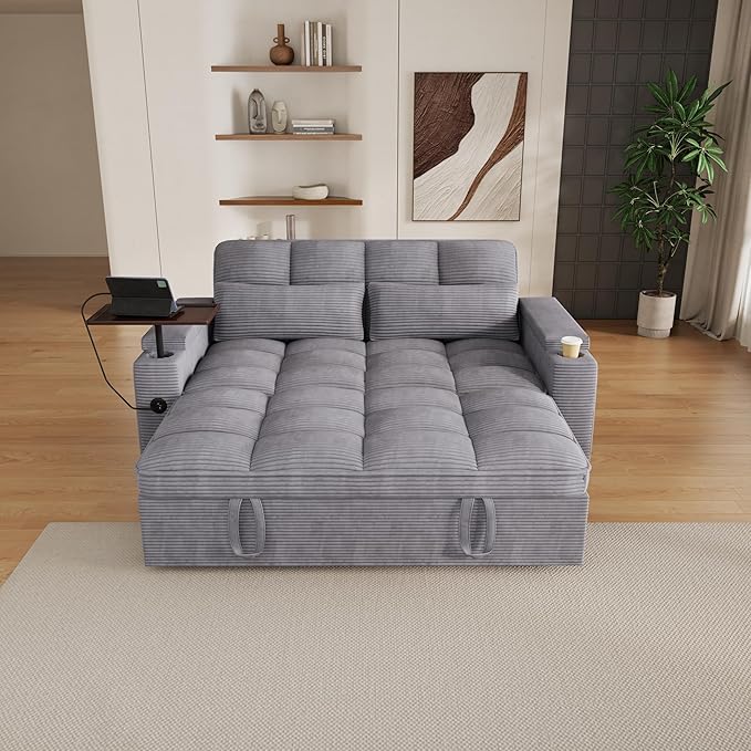 65" Sofa Bed, Loveseat 3-in-1 Sleeper Sofa with Pull Out Bed, 360° Swivel Side Table and USB, 2 Seater Convertible Small Couch for Living Room Apartment (Gray, Corduroy)