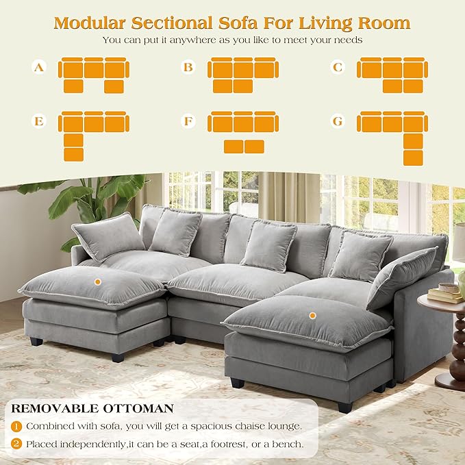 113.4" Modular Sectional Sofa,U Shaped Couch for Living Room,Modern Deep Seat Sofa 3 Seater Chenille Fabric Comfy Cloud Couches with Throw Pillows & Movable Ottoman