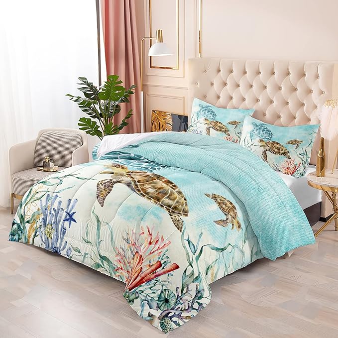 CVHOUSE Ocean Watercolor Sea Turtle Comforter Set, Queen Size, 1 Comforter, 2 Pillowcases, Polyester, for Adult, Teen, Kid, Modern Style, Unisex, Winter, Fall, Spring, Machine Wash