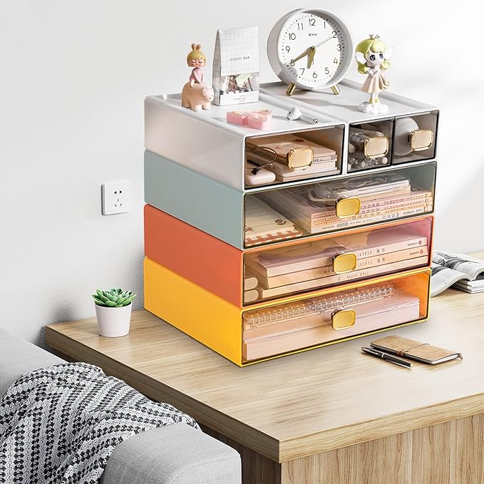 2 PACK Desk Organizer with Drawer Stackable Storage Drawer Small Desktop Drawer Plastic Clear Desk Organization Storage Box for Accessories, Markers, Clips, Cables (White,M-2 Drawer,Pack of 2)