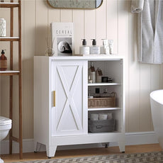 Metal Coffee Bar Cabinet with Storage, Farmhouse Coffee Bar Table with Sliding Barn Door and Adjustable Shelves, Small White Sideboard Cabinets for Kitchen, Entryway, Office