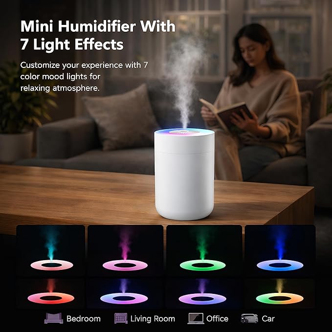 230ML Humidifier for Bedroom, Air Humidifier for Home, Plant Humidifiers Indoor Small with LED Colorful Gradient Light, USB Powered for Desk, Car, Travel, Hotel Room (White)
