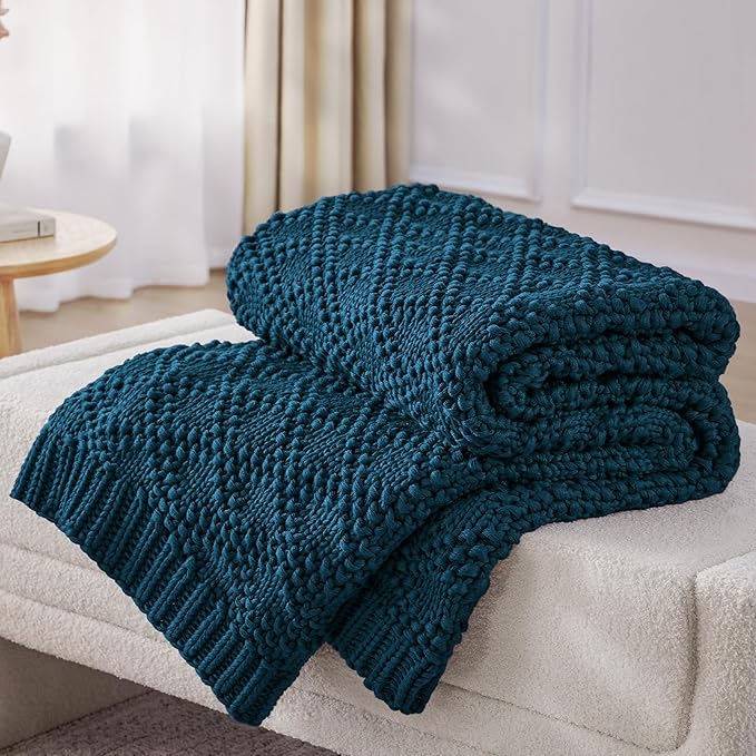 Knitted Weighted Blanket for Adult, Chunky Knit Weighted Throw for Sleep 48"*72" 15lbs, Cooling Breathable Heavy Blanket for Hot Sleepers, Machine Washable Blanket for Room Decor(Peacock)