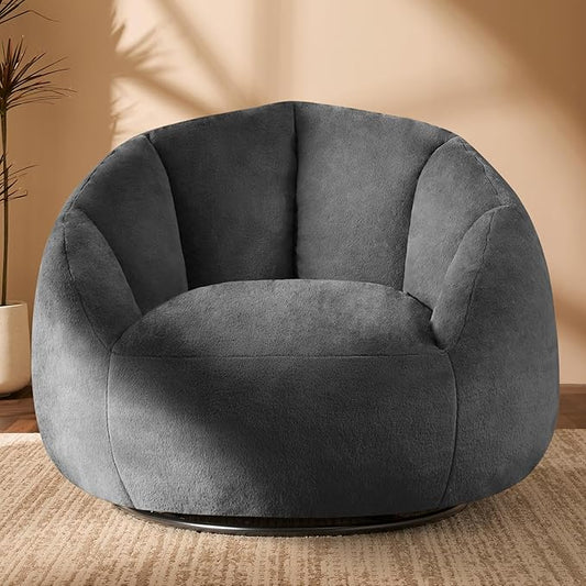 Swivel Giant Bean Bag Chair for Adults - Comfy Plush Round Shell Soft Accent Beanbag Chair, Oversized Cozy Floor Sofa Reading Chair for Living Room, Bedroom & Game Rooms, Gray