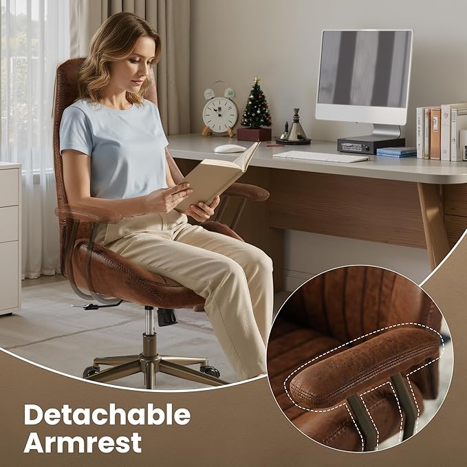 Home Office Desk Chair, Mid-Century Modern Office Chair with Adjustable Lumbar Support, Adjustable Height Executive Chair with 360 Rolling Swivel for Meeting Study Room(High Back, Dark Brown)