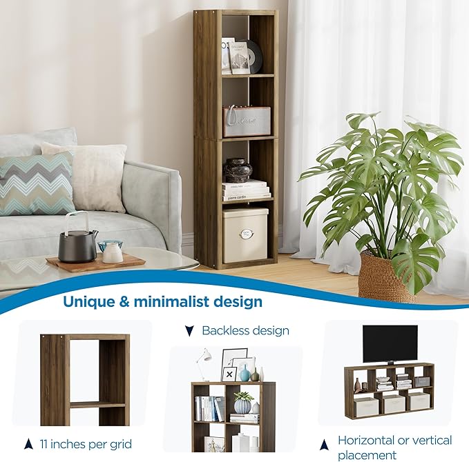 4 Cube Storage Organizer Single Row, Cube Shelf with Heavy-Duty Thick Boards, 13.31" L x 9.37" W x 48.82" H, Smooth Easy-Clean Panels, Simple Assembly, for Living Room Bedroom Office, Brown