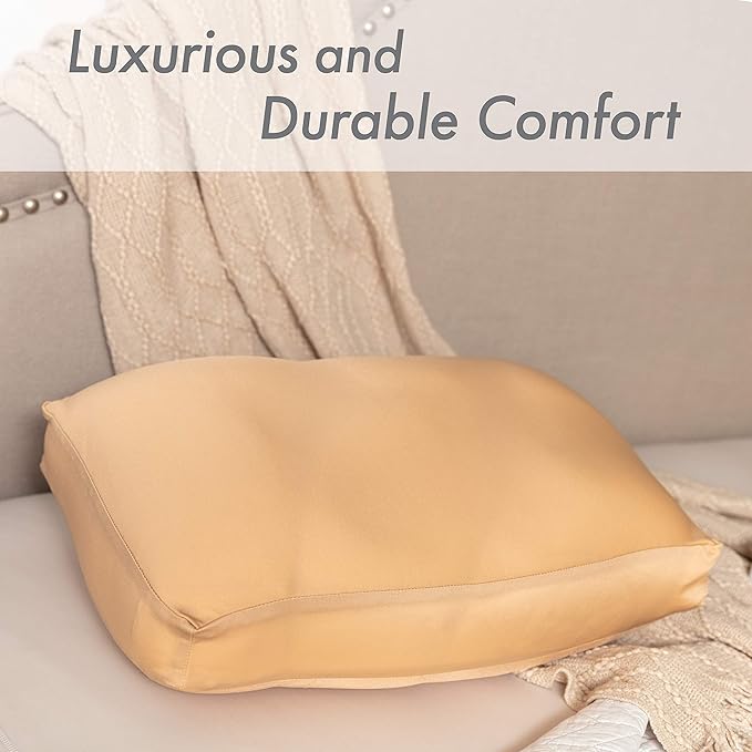 PILLOWY Premium Microbead Bed Pillow, Small Extra Fluffy But Supportive - Ultra Comfortable Sleep with Silk Like Anti Aging Cover 85% Spandex/ 15% Nylon Breathable, Cooling Barely Beige