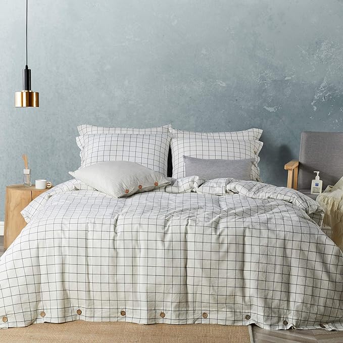 JELLYMONI Cotton Duvet Cover King Size - White Grid Plaid Comforter Cover with Button 100% Washed Cotton 3PCS Breathable Soft Bedding Set Duvet Cover 104×90in & 2 Pillowcases (NO Comforter)