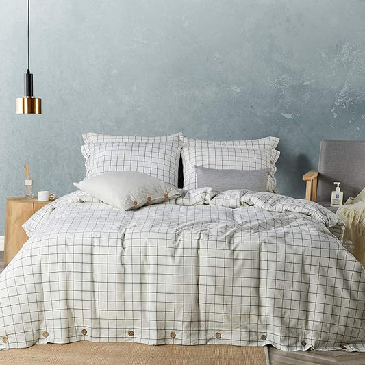 JELLYMONI Cotton Duvet Cover King Size - White Grid Plaid Comforter Cover with Button 100% Washed Cotton 3PCS Breathable Soft Bedding Set Duvet Cover 104×90in & 2 Pillowcases (NO Comforter)
