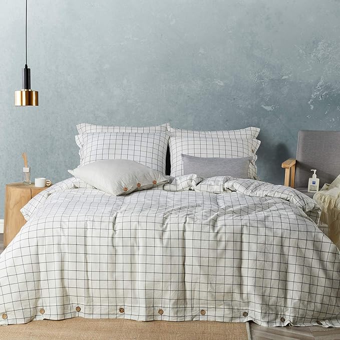 JELLYMONI Cotton Duvet Cover Twin Size - White Grid Plaid Comforter Cover with Button 100% Washed Cotton 2PCS Breathable Soft Solid Bedding Set Duvet Cover 68×90in & 1 Pillowcase (NO Comforter)
