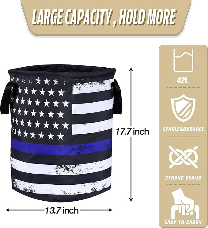 American Flag Thin Blue Line Flag Laundry Basket Foldable Oxford Cloth Funny Tote Bag Laundry Hamper Clothes Storage Bucket Organizer For Bathroom/Laundry Storage /Bedroom17.7x13.7 Inch