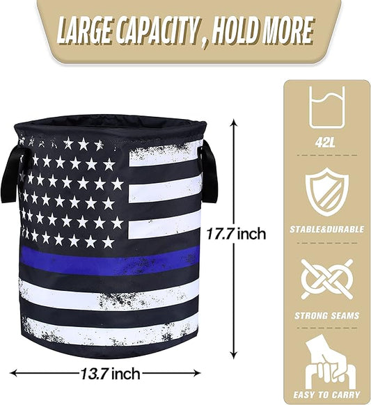 American Flag Thin Blue Line Flag Laundry Basket Foldable Oxford Cloth Funny Tote Bag Laundry Hamper Clothes Storage Bucket Organizer For Bathroom/Laundry Storage /Bedroom17.7x13.7 Inch