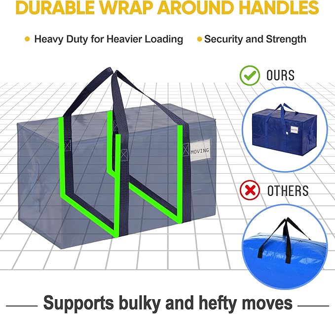 VENO 6 Pack Moving Bags, Upgraded Heavy Duty, Moving Boxes Alternative, Packing Storage Supplies for Dorm Room Essentials with Zipper for Clothes, Large Totes for Packaging (Blue, 6 Pack)