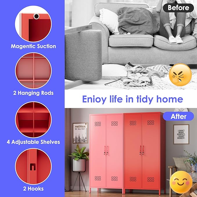 Aobabo Metal Wardrobe Cabinets with Lock, 2 Door Metal Closet with 4 Adjustable Shelves and 2 Hannging Rod, Lockable Locker Cabinet, Storage Locker for Home, Office,Red, Assembly Required