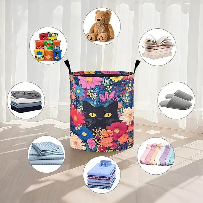 Black Cat Floral Laundry Basket Foldable Oxford Cloth Tote Bag Laundry Hamper Clothes Storage Bucket Organizer For Bathroom/Laundry Storage/Bedroom 19.6x15.7 Inch