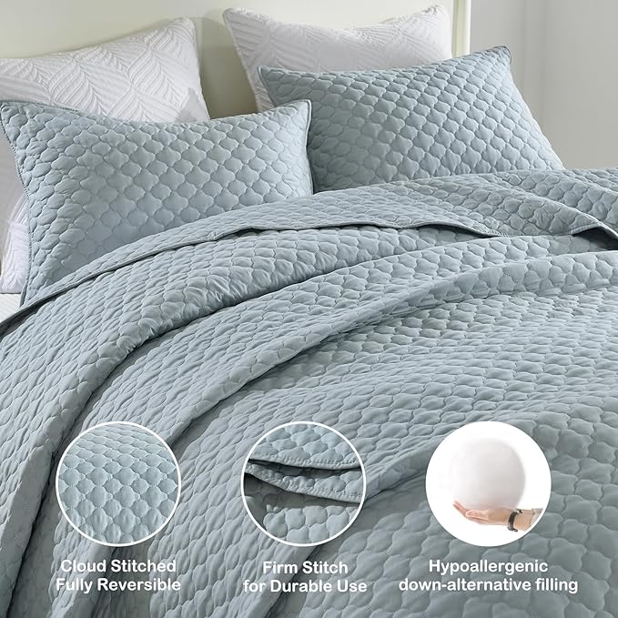 HORIMOTE HOME Quilt Twin Size Chambray Blue, Lightweight Quilt for Summer Ultra-Soft Microfiber Modern Style Quilted Clouds Pattern Bedspread Quit Set 2 Pieces (1 Quilt and 1 Pillow Sham)